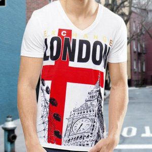 NWT EXCHANGE LONDON BIG BEN MEN'S WHITE V-NECK SHORT SLEEVE T-SHIRT SIZE S M L